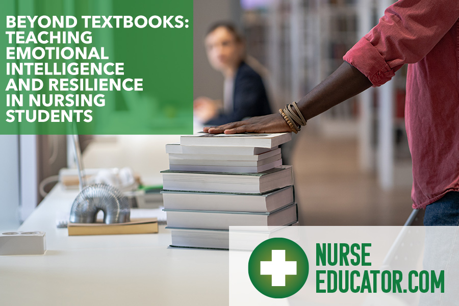 Nurse educator in front of a stack of textbooks in a classroom
