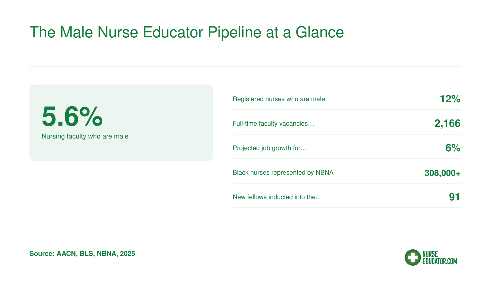 Six key statistics on male nurse educator representation, faculty vacancies, job growth, and diversity leadership benchmarks as of 2025