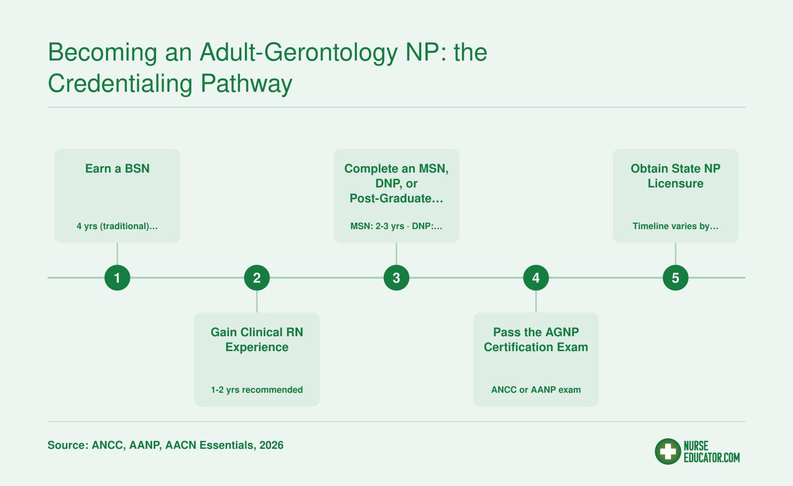 Five-step credentialing pathway from BSN through state NP licensure, with typical full-time time ranges at each stage