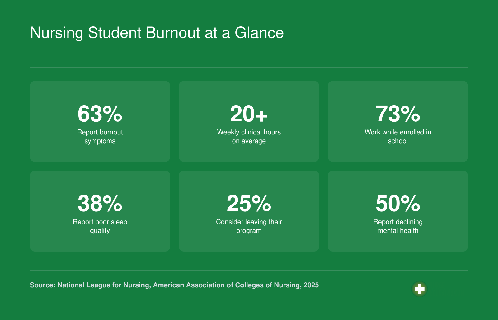 Six statistics on nursing student burnout including 63 percent reporting burnout, 73 percent working while enrolled, and 25 percent considering leaving their program