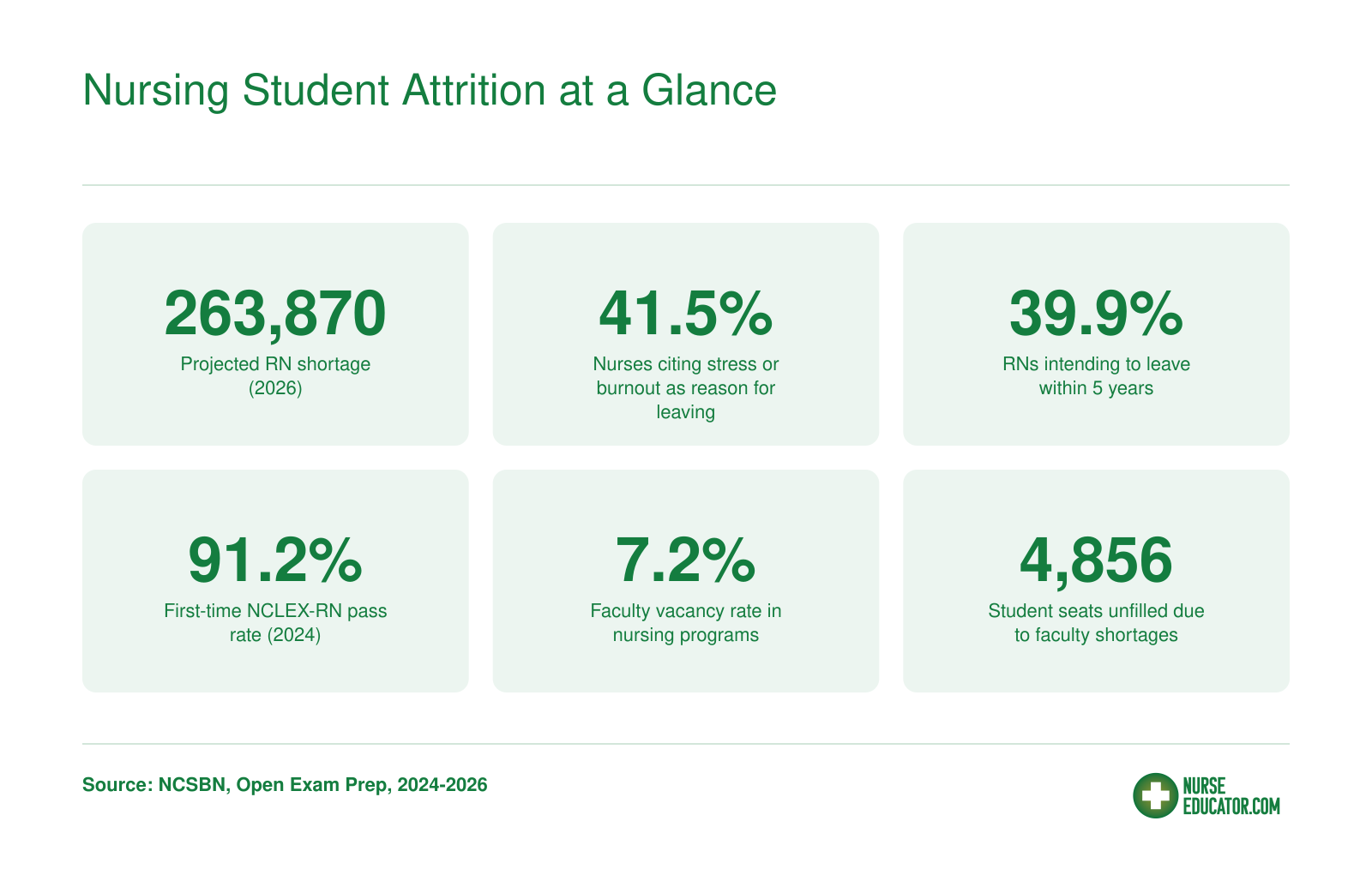 Six workforce and program statistics for 2024 to 2026, including projected RN shortage, burnout rates, NCLEX pass rate, and faculty vacancies