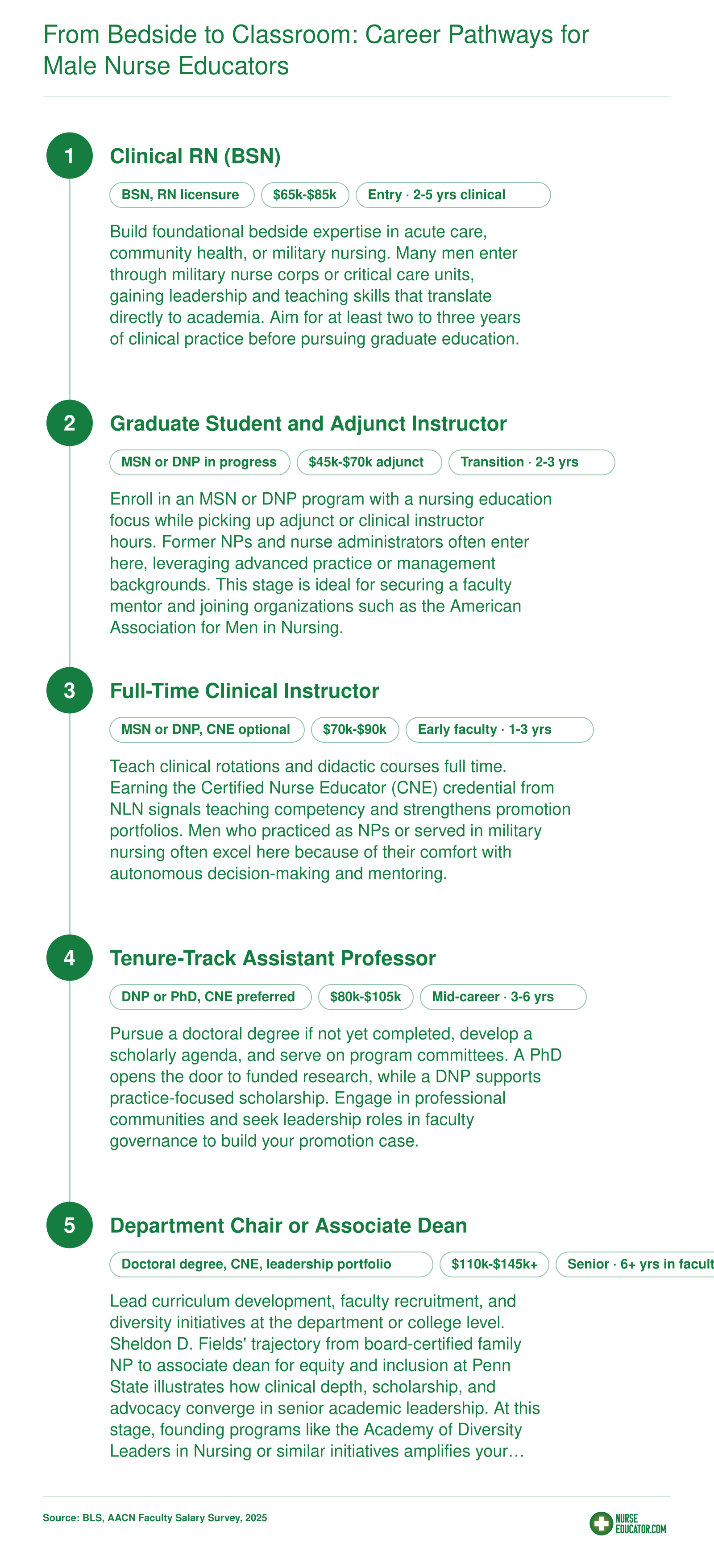 Five-stage career pathway from BSN clinical nurse through doctoral-prepared faculty to nursing education leadership, with credentials and timelines at each stage