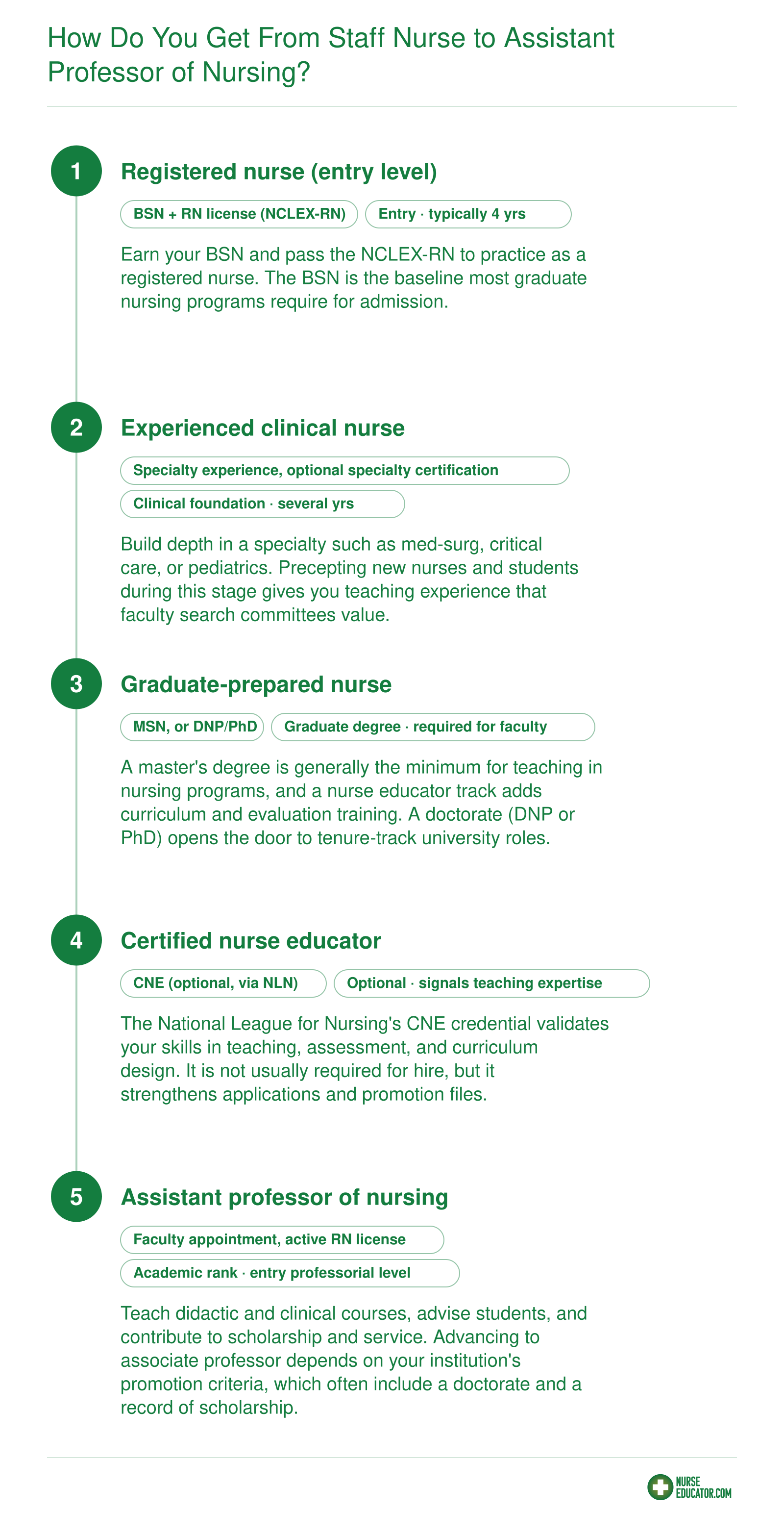 Five-step career path from BSN and RN license through clinical practice, graduate degree, and CNE to assistant professor
