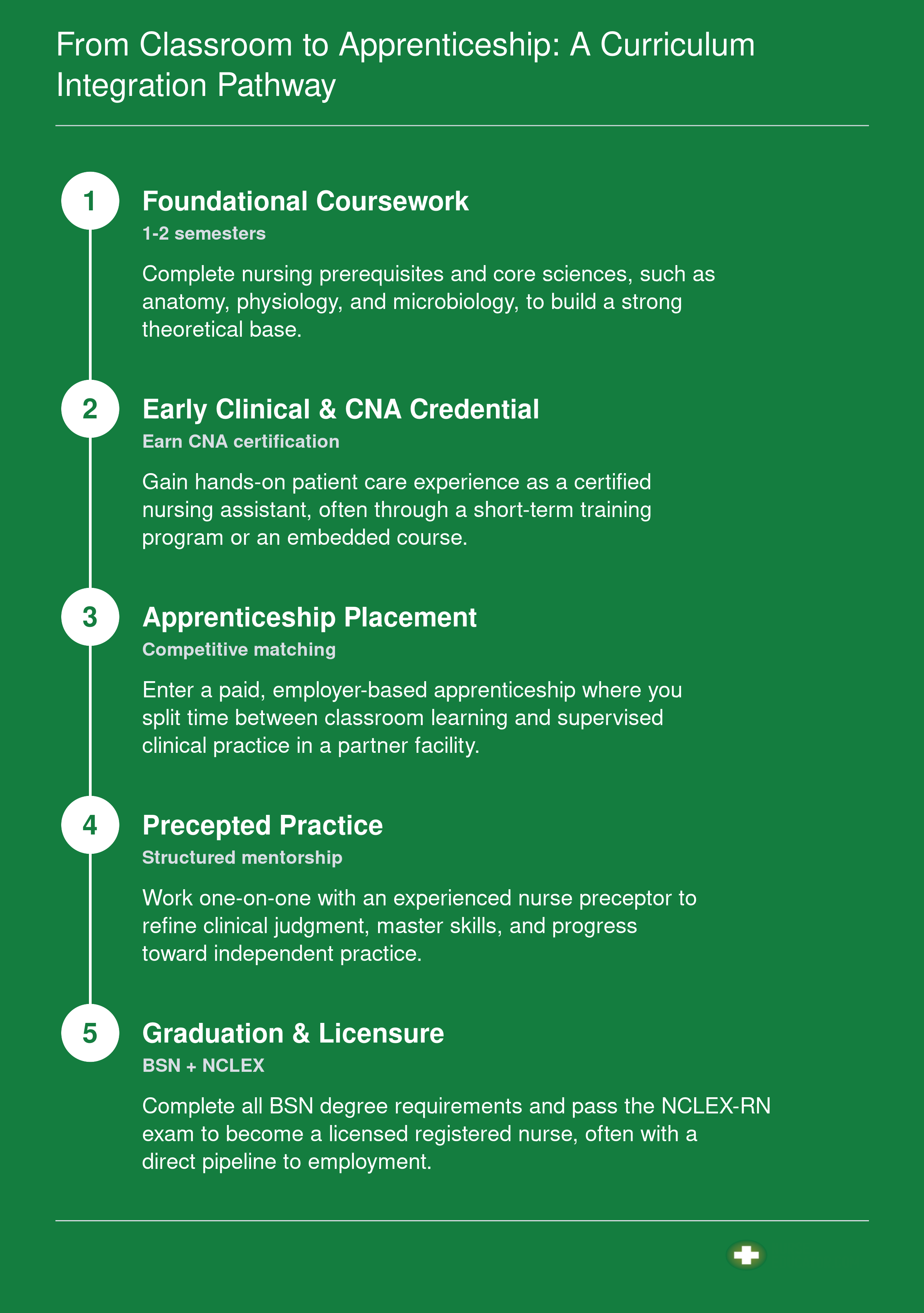 A five-step curriculum integration pathway for nursing apprenticeships: foundational coursework, CNA credential, placement, precepted practice, and graduation plus licensure.