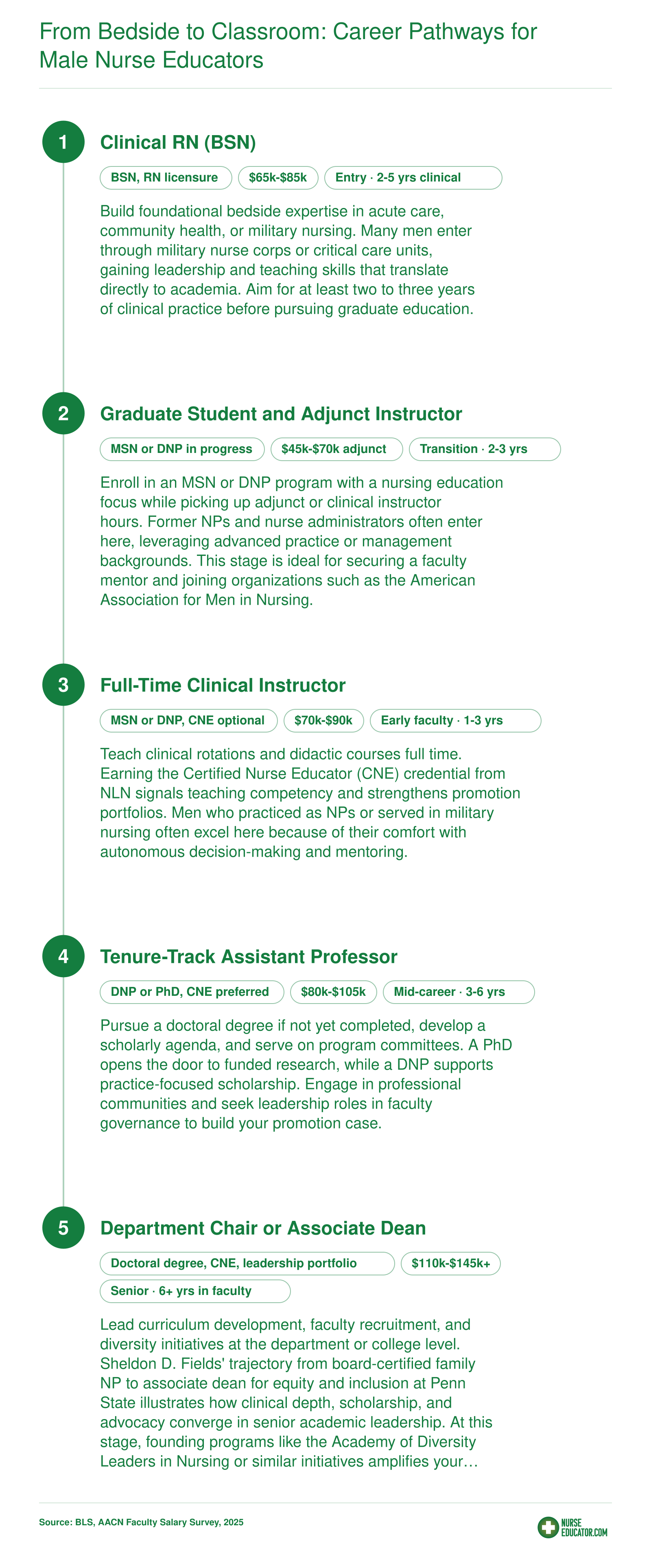 Five-stage career pathway from BSN clinical nurse through doctoral-prepared faculty to nursing education leadership, with credentials and timelines at each stage