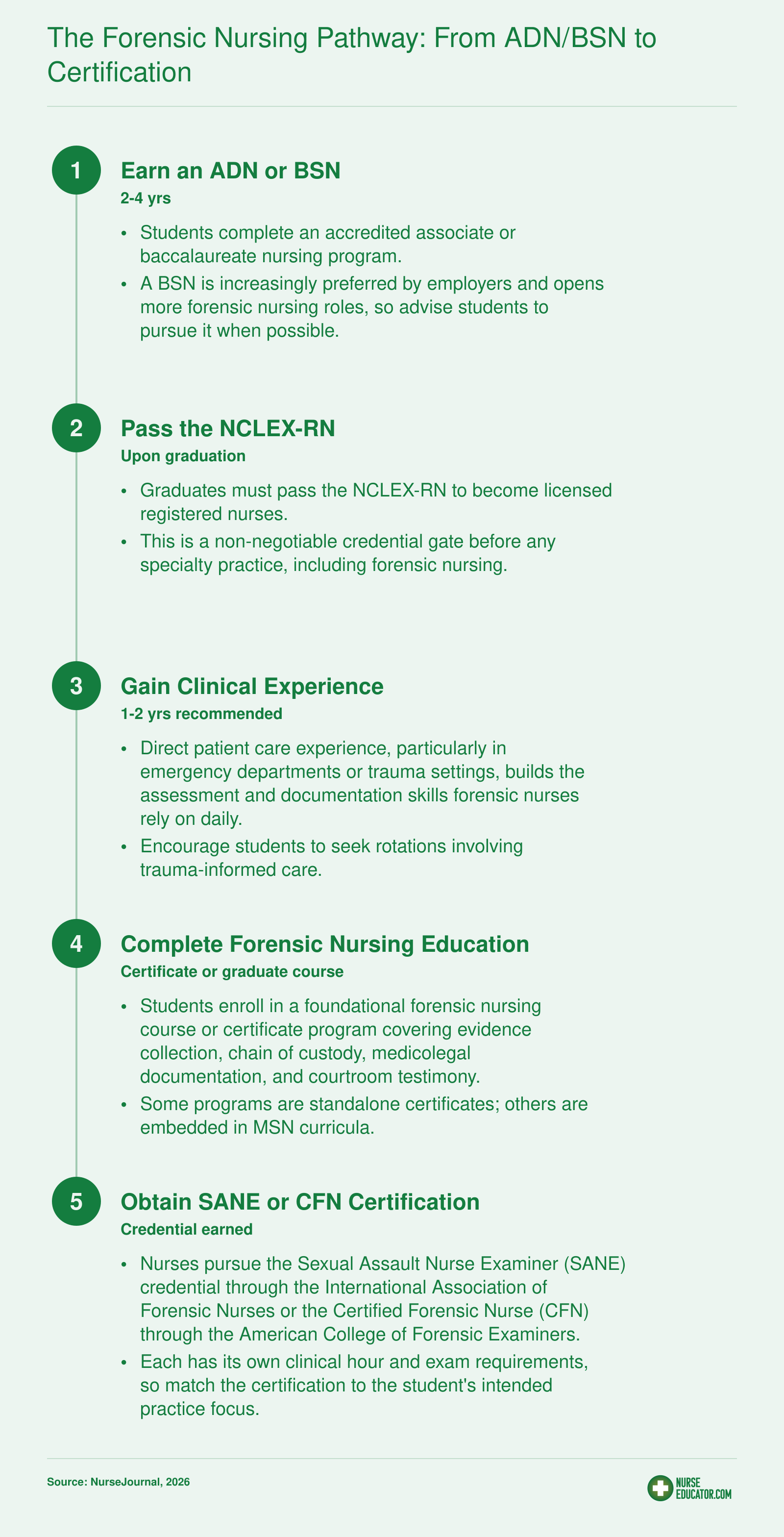 Five-step credentialing pathway from nursing degree through NCLEX-RN, clinical experience, forensic coursework, and SANE or CFN certification