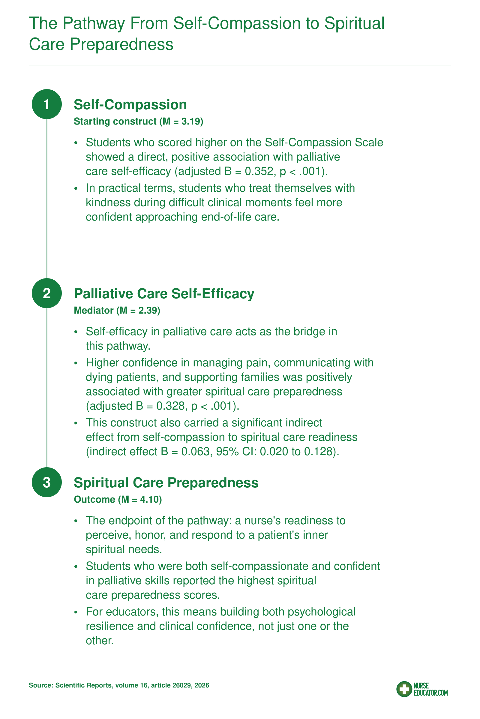 Three-step pathway showing self-compassion linked to palliative care self-efficacy and then spiritual care preparedness, with adjusted associations from the 2026 study