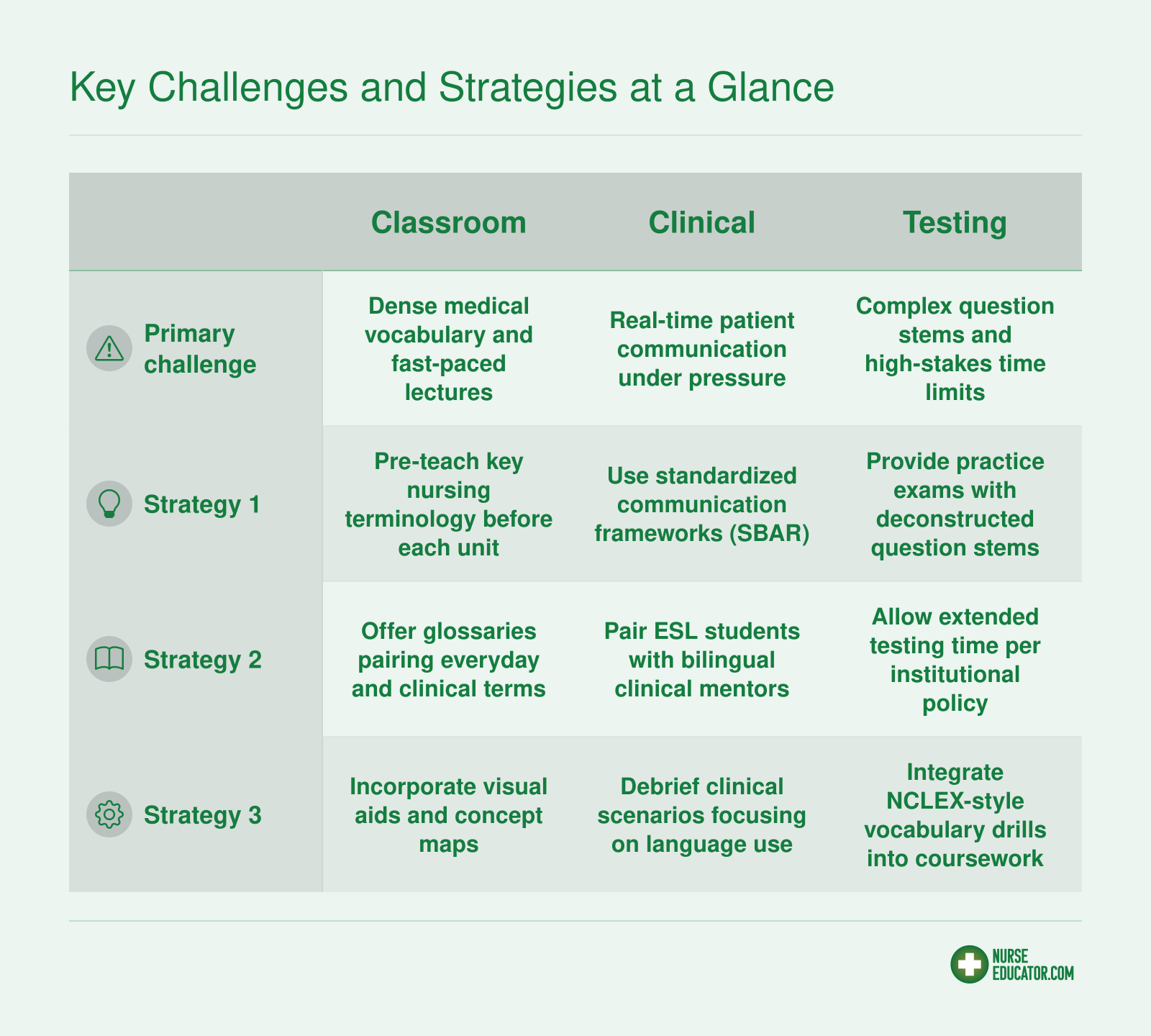 Side-by-side comparison of classroom, clinical, and testing challenges with two to three targeted strategies for each area in ESL nursing education